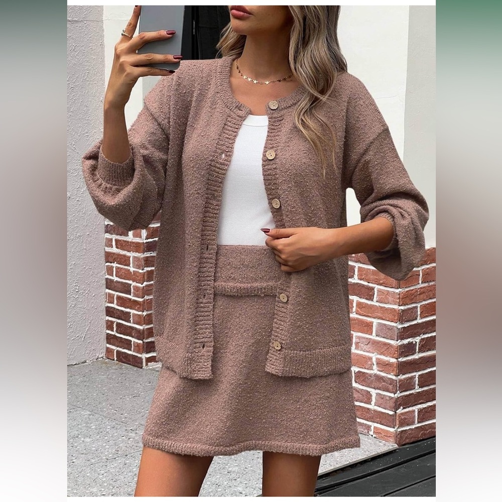 NWOT Cozy Brown Knit Cardigan and Skirt Set - Picture 3 of 6